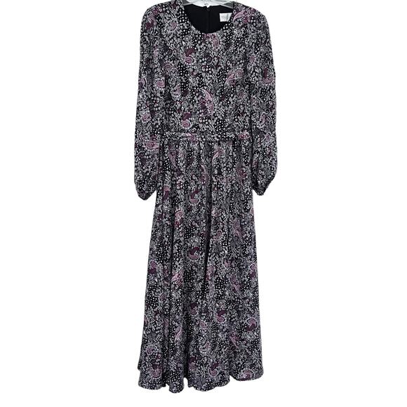 Mikael Aghal Pleated Printed Black Long Sleeve Crepe de Chine Maxi Dress Size 6 - Picture 2 of 10